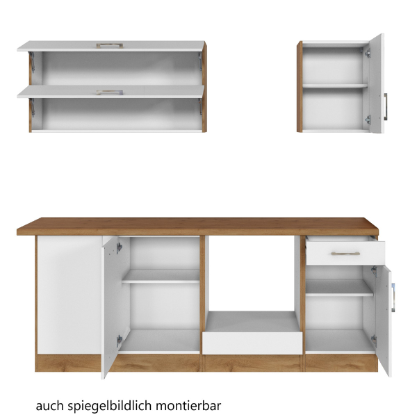 Küchenzeile in L-Form Sorrella 210cm mit Platz für Backofen und  Geschirrspüler - weiß/Eiche Modern - Held | Emob