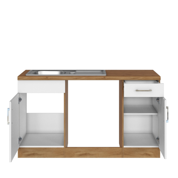 Küchenzeile in L-Form Sorrella 270cm mit Platz für Backofen, Geschirrspüler  und Kühlschrank - weiß/Eiche Modern - Held | Emob