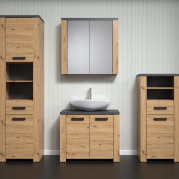 Badkombination Follow | Waschbeckenschrank, Säule, Spiegel und Seitenschrank | Artisan Oak