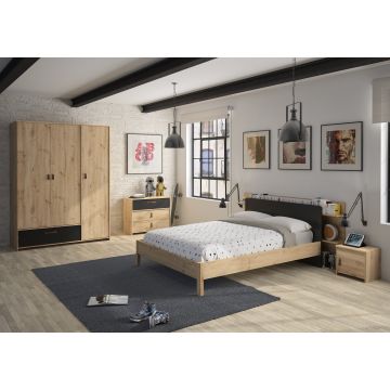 Jugendzimmer Liam: Bett 140x200 mit Lattenrost, Nachttisch, Kommode, Kleiderschrank - Eiche artisan