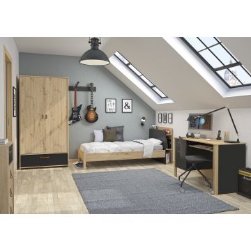 Jugendzimmer Liam: Bett 90x200cm mit Lattenrost, Kommode, Kleiderschrank, Schreibtisch - Eiche artisan