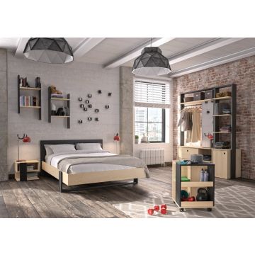 Jugendzimmer Dean: Bett 120x200, Nachttisch, Ankleide, Beistelltisch, Wandregal - Kastanie/Schwarz