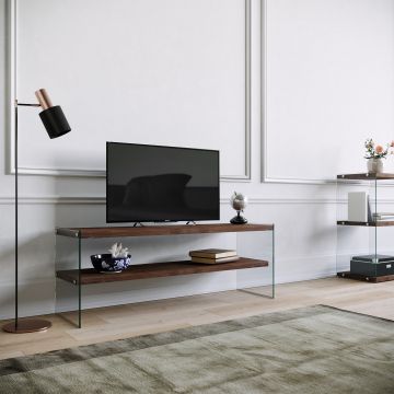 Moderner TV-Ständer aus Nussbaumholz mit Ablagen und Wandhalterung