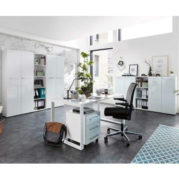 Büromöbelset Mouna | Schreibtisch, Schubladenblock, halbhohe und hohe Aktenschränke | weiß