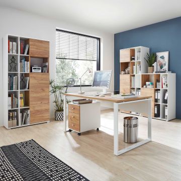 Lloris Schreibtischset | Schreibtisch, Schubladenblock, kleiner und großer Aktenschrank | Eiche Navarra Design