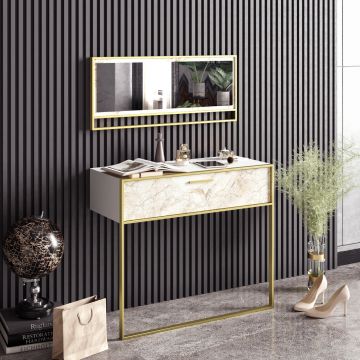 Elegantes gemütliches Sideboard | 100% Melamin | Metallbeine | Marmormuster | Gold Weiß