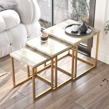 3-tlg. Woody Fashion Nesting Table Set | Marmor Gold