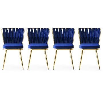 Stilvolles und bequemes Stuhlset - 4 Teile | Gold Marineblau | 100% Metallrahmen | Sitz aus Samtstoff | 175 kg Belastbarkeit