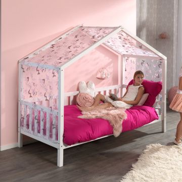Hausbett Dallas 2 90x200 mit Bettkasten und Voile mit Schmetterlingsmuster - weiß/rosa  