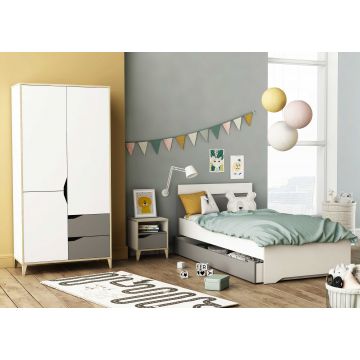 Kinderzimmer Gerry: Bett 90x190/200cm mit Schublade, Kleiderschrank, Nachttisch - weiß