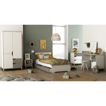 Kinderzimmer Gerry: Bett 90x190/200cm mit Schublade, Kleiderschrank, Nachttisch, Kommode, Schreibtisch - weiß