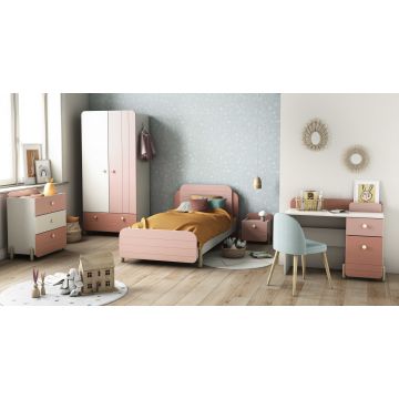 Kinderzimmer Janne: Bett 90x200cm, Nachttisch, Kommode, Kleiderschrank, Schreibtisch - rosa/weiß