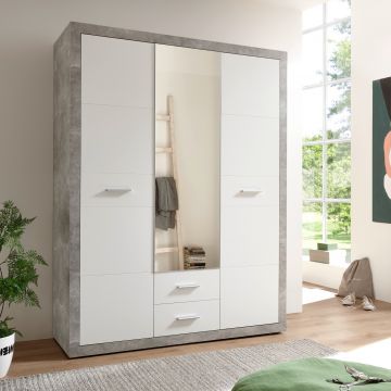 Storck Kleiderschrank 151cm mit 3 Türen und 2 Schubladen und Spiegel - Beton/Weiß 