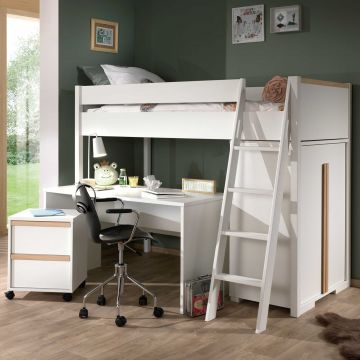 Hochbett London 90x200 mit Kleiderschrank, Schreibtisch und Schubladenblock - weiß