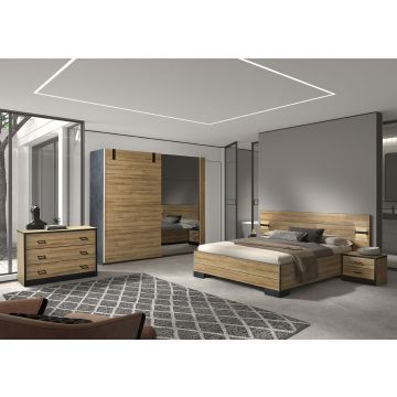 Schlafzimmer Nour: Bett 160x200cm, Nachttisch, Kommode, Kleiderschrank 245cm - Eiche/schwarz