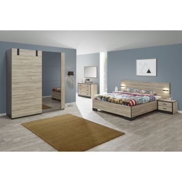 Schlafzimmer Nour: Bett 160x200cm, Nachttisch, Kommode, Kleiderschrank 188cm - Eiche/schwarz