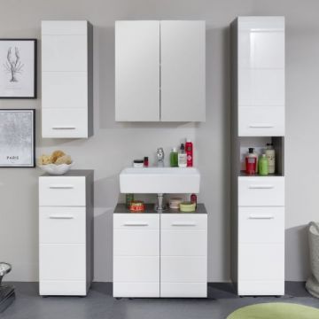 Badkombination Line | Waschbeckenschrank, Wand, Spiegel, Säule und Ablageschrank | High Glossy White