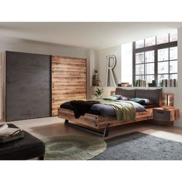 Schlafzimmerset Kalas | Doppelbett mit Nachttisch, Kleiderschrank mit Passepartout | Braun-graues Design