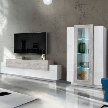 TV Möbel-Set Porro | TV Schrank und Vitrine | High Gloss White & Concrete Design