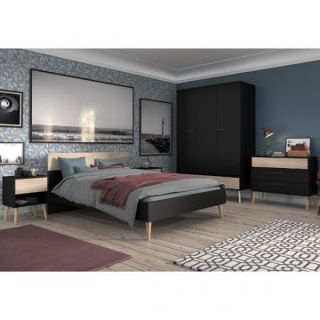 Schlafzimmerset Hardy | Doppelbett, Kleiderschrank, Kommode, Nachttisch | Design Oak Black