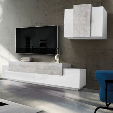 TV-Möbelset Porro | TV Schrank und Hängeelement | High Gloss White & Concrete Design
