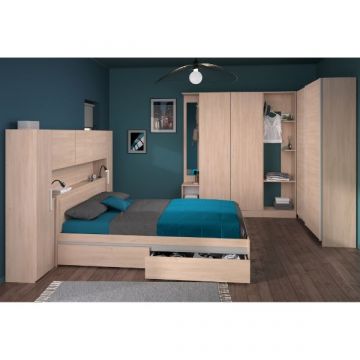 Schlafzimmerset Ekko | Kastenbett mit Schubladen, Bettbrücke, Kleiderschränke und Eckschrank | Oak Design
