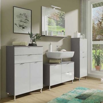 Badezimmerset Nex | Waschtischschrank, Wandspiegel, Säulenschrank, Beistellschrank | Graphit-weiß