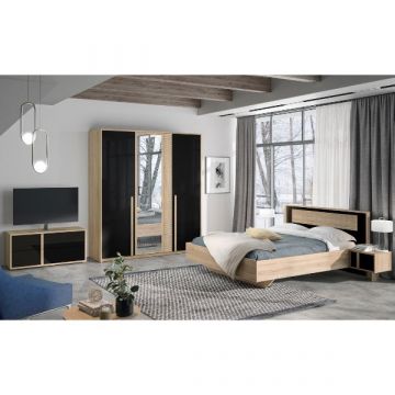 Schlafzimmer-Set Alto | Doppelbett, Nachttisch, TV-Schrank, Kleiderschrank | Sonoma Eiche/Schwarz-Design