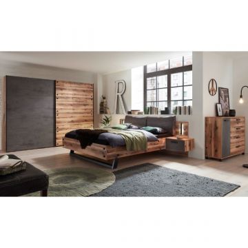 Schlafzimmerset Kalas | Doppelbett mit Nachttisch, Kleiderschrank, Passepartout, Kommode | Braun-graues Design