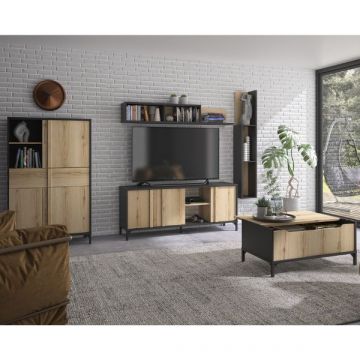 Wohnzimmerset Esteban | Couchtisch, Schrank, TV-Schrank, Wandregal | Helvezia Oak Design