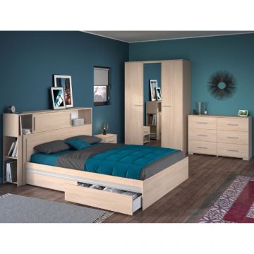 Schlafzimmerset Ekko | Queen Bett, Kopfteil mit Stauraum, Nachttisch, Kleiderschrank, Kommode | Oak Design