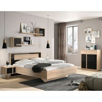 Schlafzimmerset Alto | Doppelbett, Nachttisch, Wandregal, Kommode | Design Sonoma Eiche/schwarz