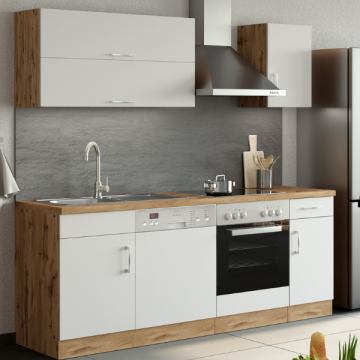 Küchenzeile Sorrella 210cm mit Platz für Geschirrspüler und Backofen - weiß/Eiche