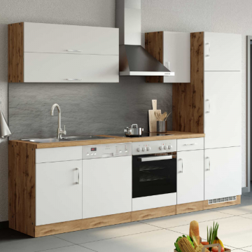 Küchenzeile Sorrella 270cm mit Platz für Backofen, Geschirrspüler und Kühlschrank - weiß/Eiche
