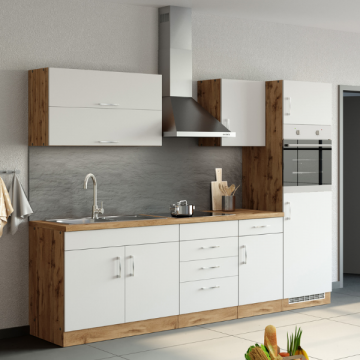 Küchenzeile Sorrella 270cm mit Platz für Backofen und Kühlschrank - weiß/Eiche