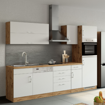 Küchenzeile Sorrella 270cm mit Platz für Geschirrspüler, Backofen und Kühlschrank - weiß/Eiche