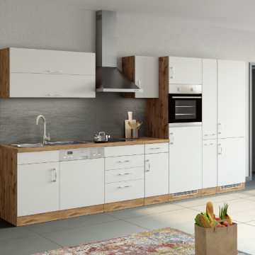 Küchenzeile Sorrella 360cm mit Platz für Geschirrspüler, Backofen, Kühl- und Gefrierschrank - weiß/Eiche