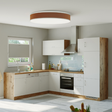Küchenzeile in L-Form Sorrella 270cm mit Platz für Backofen, Geschirrspüler und Kühlschrank - weiß/Eiche