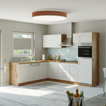 Küchenzeile in L-Form Sorrella 270cm mit Platz für Backofen, Geschirrspüler und Kühlschrank - weiß/Eiche