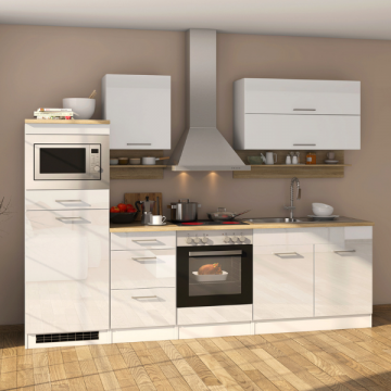 Küchenzeile Ragnar 270cm mit Platz für Mikrowelle, Kühlschrank und Backofen - hochglänzend weiß