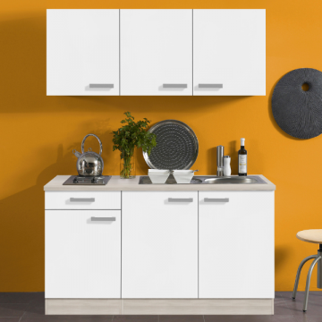 Küchenzeile Bistrot 150 cm mit 2-Flammen-Kochfeld-weiß/akazienfarben