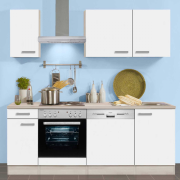 Küchenzeile Bistrot 210 cm mit Platz für Einbauherd mit Backofen-weiß/akazienfarben