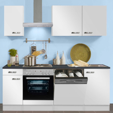 Küchenzeile Bistrot 210 cm mit Platz für Geschirrspüler und Einbauherd mit Backofen-weiß-glänzend