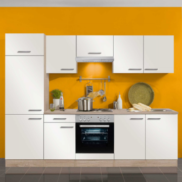 Küchenzeile Bistrot 270 cm mit Platz für Einbau-Dunstabzugshaube-weiß/hell Eiche-glänzend 