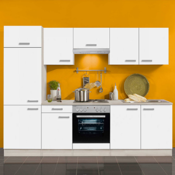 Küchenzeile Bistrot 270 cm mit Platz für Einbau-Dunstabzugshaube-weiß/akazienfarben