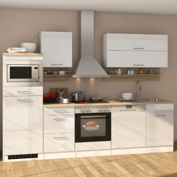 Küchenzeile Ragnar 280cm mit Platz für Mikrowelle, Kühlschrank, Backofen und Geschirrspüler - Hochglanz weiß