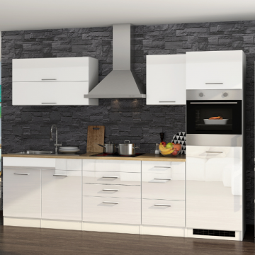 Küchenzeile Ragnar 290cm mit Platz für Kühlschrank und Backofen - Hochglanz weiß