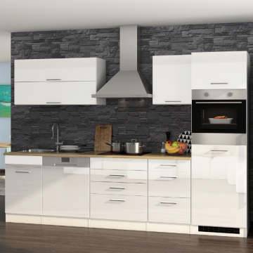 Küchenzeile Ragnar 300cm mit Platz für Geschirrspüler, Kühlschrank und Backofen - hochglänzend weiß
