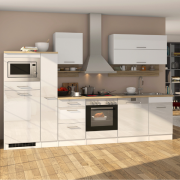 Küchenzeile Ragnar 310cm mit Platz für Mikrowelle, Kühlschrank, Backofen und Geschirrspüler - Hochglanz weiß
