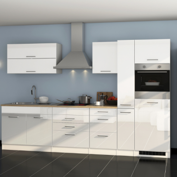 Küchenzeile Ragnar 320cm mit Platz für Kühlschrank und Backofen - hochglänzend weiß